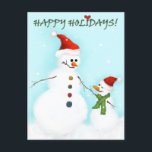Vater und Sohn von Snowman Feiertagspostkarte<br><div class="desc">Niedlicher erwachsener Schneemann mit seinem süßen Sohn. Text auf der Karte: Happy Ferien mit einem Herz auf der i.</div>