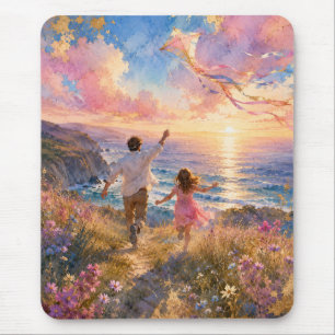 Vater und Tochter fliegen Drachen an den Ozeanklip Mousepad