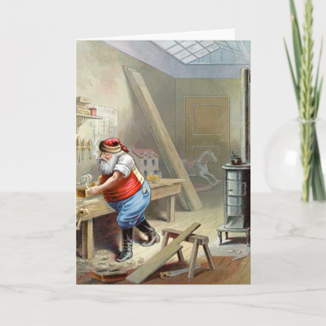 Vater-Weihnachten in seiner Werkstatt Feiertagskarte (Vorderseite)