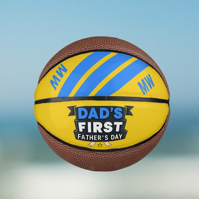 Vaters erster Vatertag Gelb Blau Mini Basketball (A fun keepsake for the Dad celebrating his first Father's Day - add his initials!)