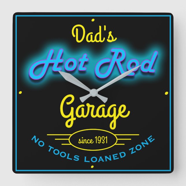 Vaters Frisierte Auto Garage Blau Gelbe Imitate Ne Quadratische Wanduhr (Vorderseite)