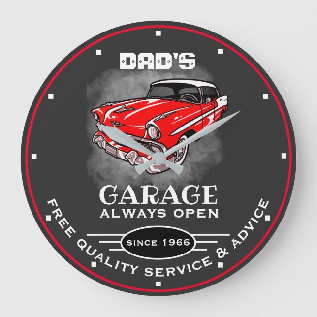 Vaters Garage Jeder Name öffnet immer Red Car Grau Große Wanduhr (Vorderseite)