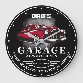 Vaters Werkstatt jeden Namen öffnen Slogan Low Car Große Wanduhr