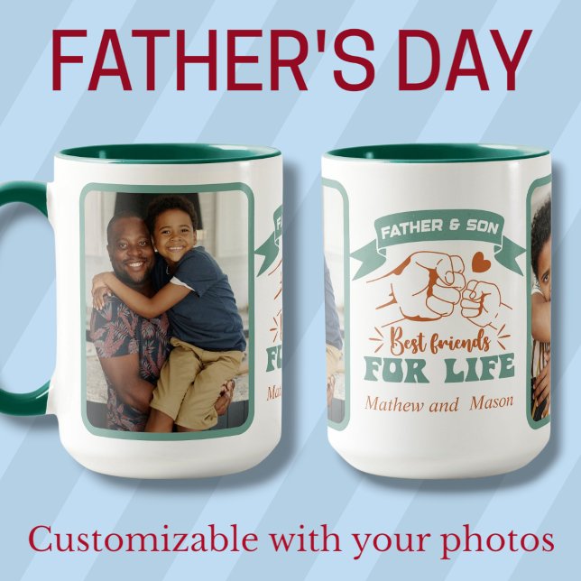 Vatertag und Son Fotos & Namen Tasse (Father and Son custom photos & names Father's Day Mug)