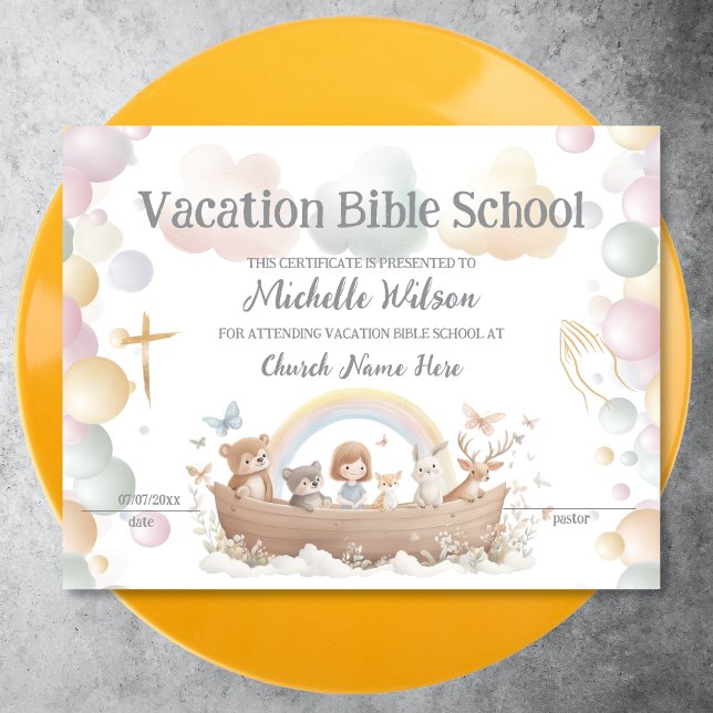 VBS Certificate Vacation Bible School (noah's arc children illustration in pastel colors)