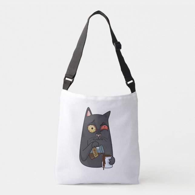 Vector Black Cat trinkt Kaffee und verschüttet vor Tragetaschen Mit Langen Trägern (Vorderseite)