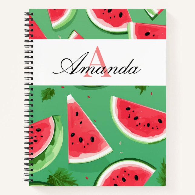 Vector Green Watermelon Initial Pattern Monogrammi Notizbuch (Vorderseite)
