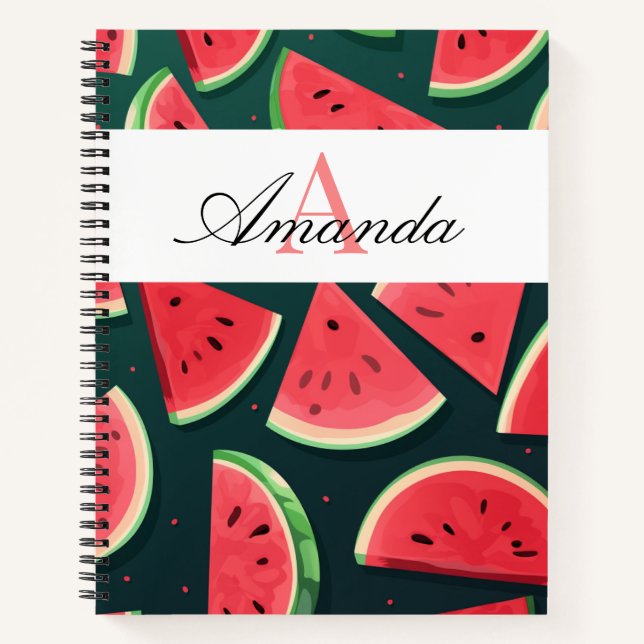 Vector Green Watermelon Name Muster monogramiert Notizbuch (Vorderseite)