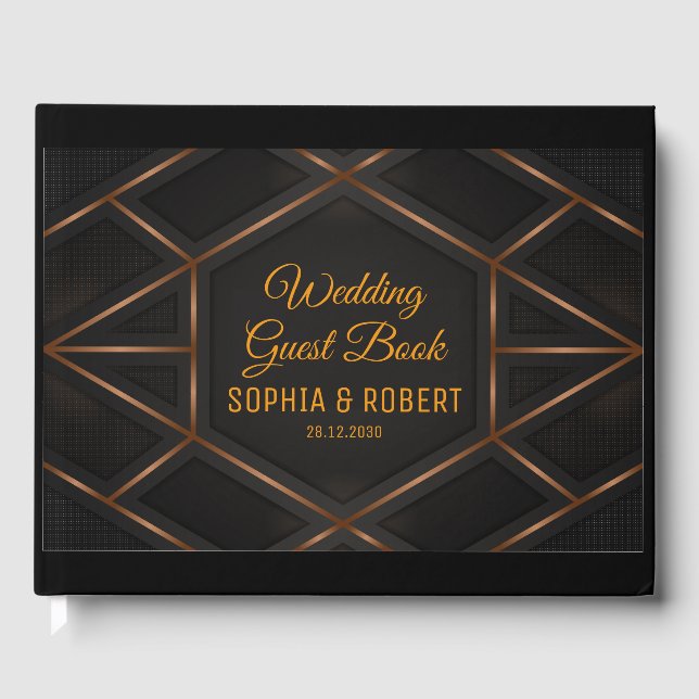 Vector Hexagon Mosaic Brown Script Black Wedding Gästebuch (Vorderseite)