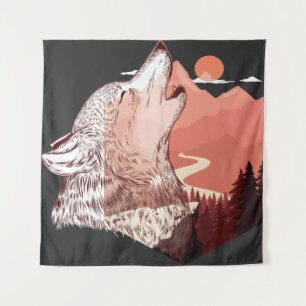 Vector Illustration eines hewling wolf Landscape T Wandteppich