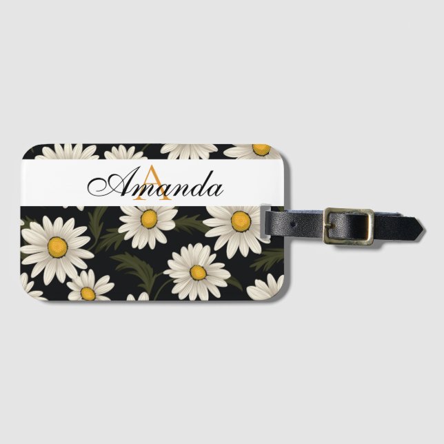 Vector White & Black Daisy Muster Monogrammiert Gepäckanhänger (Vorderseite (Horizontal))