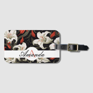 Vector White & Red Leafy Lily Muster Monogrammiert Gepäckanhänger