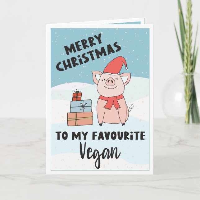 Vegane frohe Weihnachten mit niedlichem Ferkel und Karte (Vorderseite)