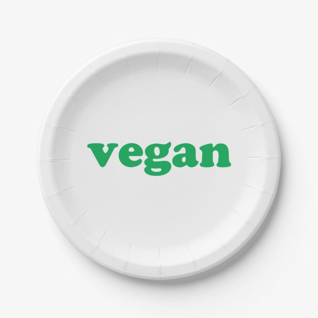 "Vegane" grüne Buchstaben, weißer Hintergrund Pappteller (Vorderseite)