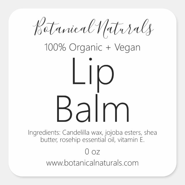 Vegane, handgefertigte Bio Lip Balm Tube Labels Quadratischer Aufkleber (Vorderseite)