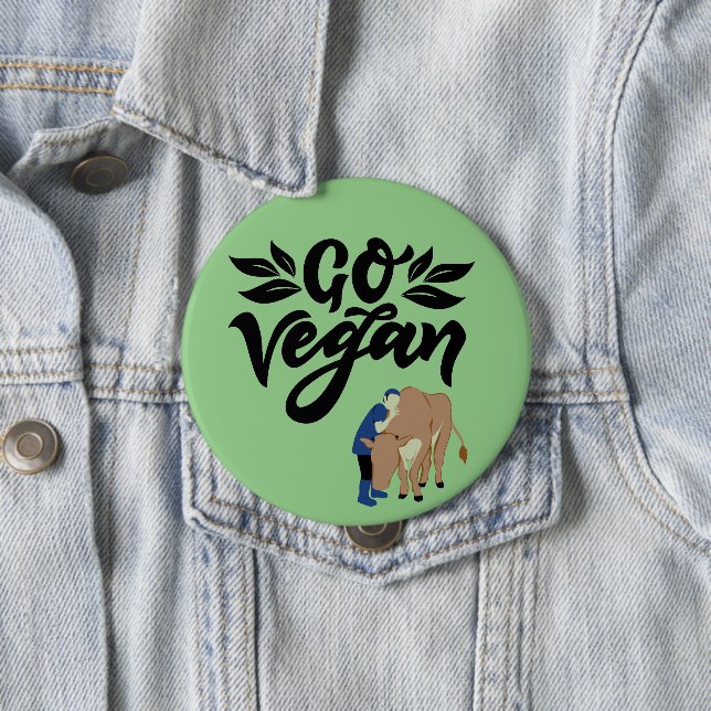 Vegane Person umarmt Kuh Button (Beispiel)