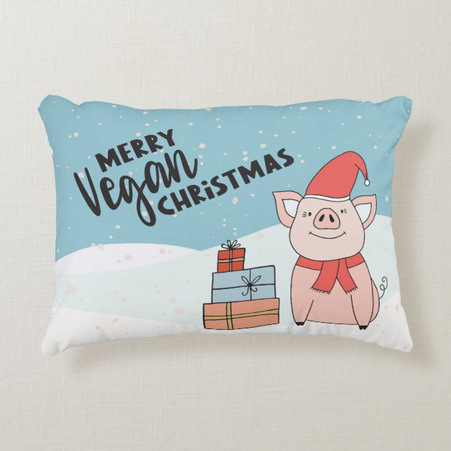 Vegane Weihnachten mit Cartoon-Ferkel und Geschenk Dekokissen (Vorderseite)