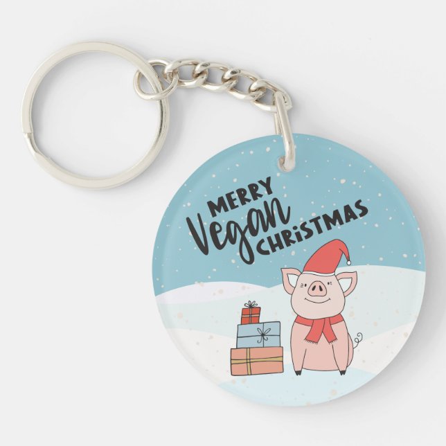 Vegane Weihnachten mit Cartoon-Ferkel und Geschenk Schlüsselanhänger (Vorderseite)