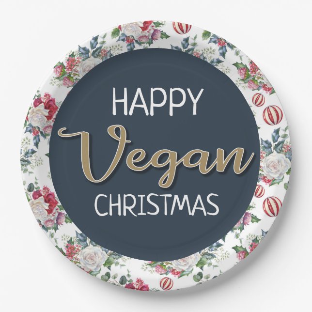 Vegane Weihnachtsretrine blau und goldfarben, blum Pappteller (Vorderseite)