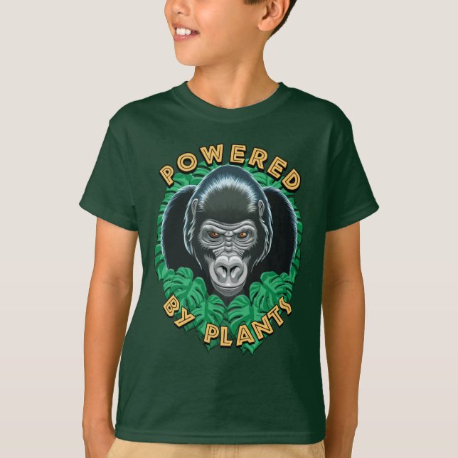 Veganer Gorilla - Powered by Pflanze Zitat T-Shirt (Vorderseite)