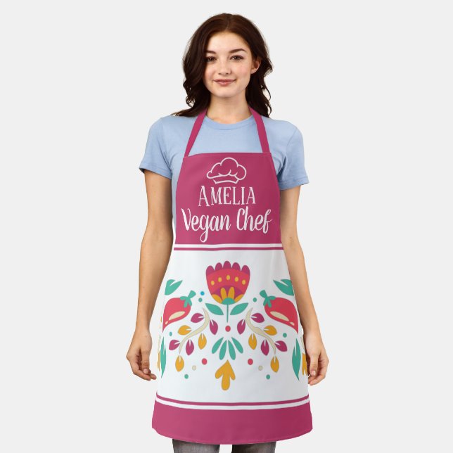Veganer Koch florale Fuchsia Rose farbig Schürze (Getragen)