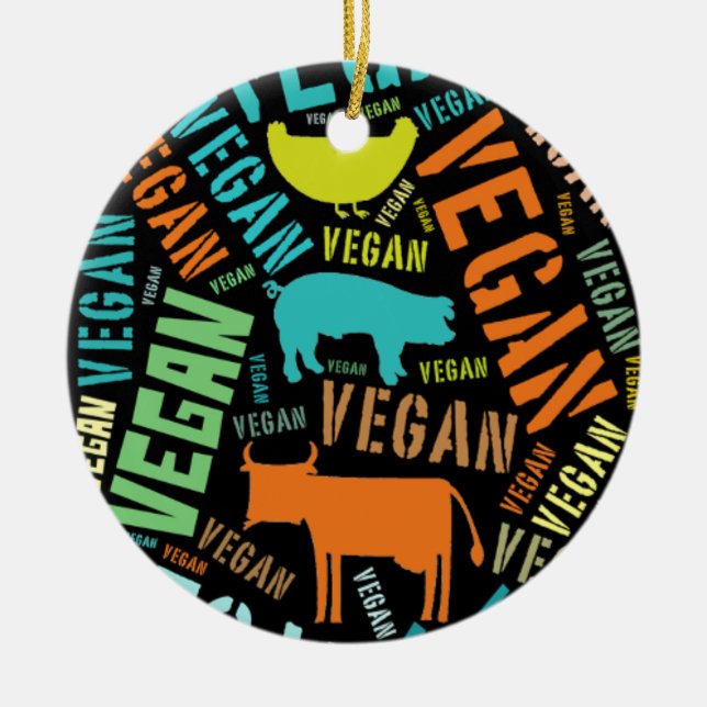 "Veganes" Wort-Wolke Mosaik mit einer Kuh, Keramikornament (Vorne)