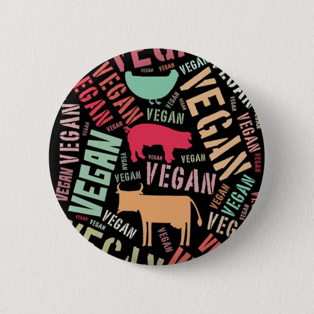"Veganes" Wort-Wolke Mosaik mit Schwein, Kuh u. Button (Vorderseite)