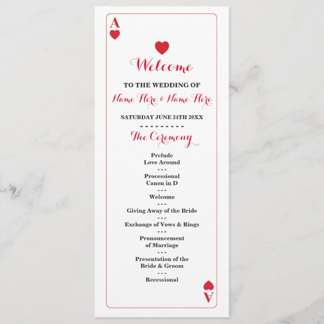 Vegas Casino Ace of Hearts Cards Hochzeitsprogramm Programm (Vorderseite)