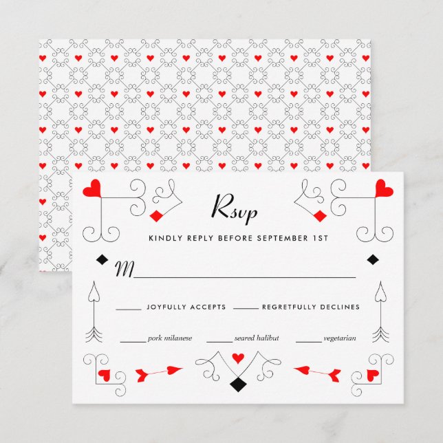 Vegas Cupid's Hearts and Diamonds Wedding RSVP Karte (Vorne/Hinten)