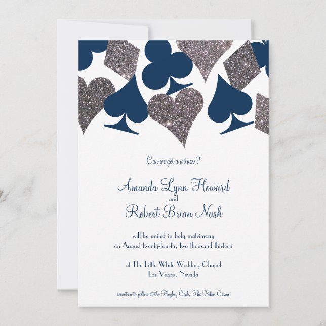 Vegas Wedding Navy Blue Silver Imitats Glitzer Einladung (Vorderseite)