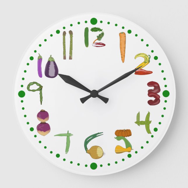 Vegetable Kitchen Wall Clock for Gardeners Vegans Große Wanduhr (Vorderseite)