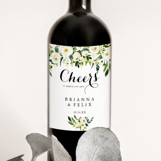 Végétal Blanc Floral Cheers Vins Mariage Étiquette (Créateur téléchargé)