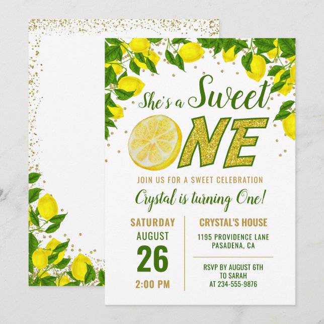Végétal Lemon Sweet One First Birthday Invitation (Devant / Derrière)