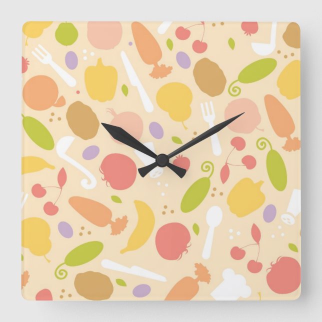 Vegetarisches Kochmuster Hintergrund Quadratische Wanduhr (Vorderseite)