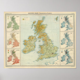 Vegetation der britischen Inseln u. Klimakarte Poster