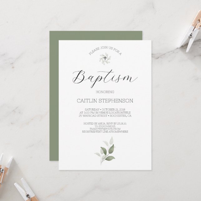 Végétation Moderne Baptême Invitation (Devant/Arrière en situation)