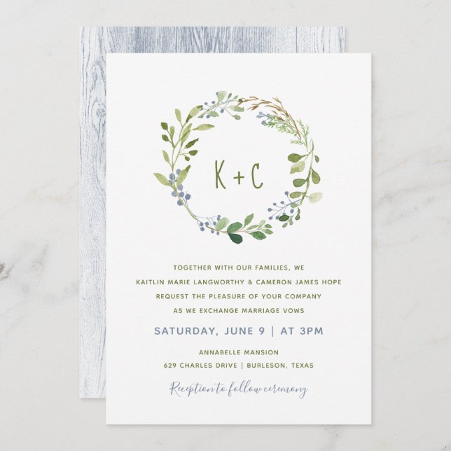 Végéty Wreath Wedding Invitations - Dusty Blue (Devant / Derrière)