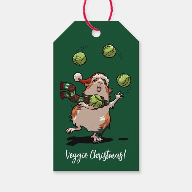 Veggie Weihnachten! Guinea Pig Juggling Sprouts Geschenkanhänger (Vorderseite)