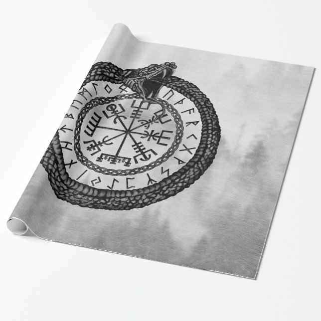 Vegvisier mit Ouroboros und Runen - Graustufen Geschenkpapier (Ungerollt)