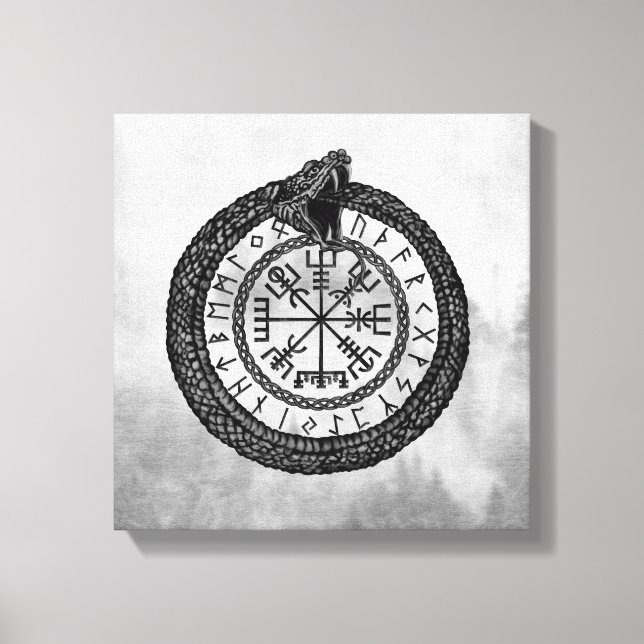 Vegvisier mit Ouroboros und Runen - Graustufen Leinwanddruck (Vorderseite)