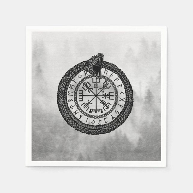Vegvisier mit Ouroboros und Runen - Graustufen Serviette (Vorderseite)
