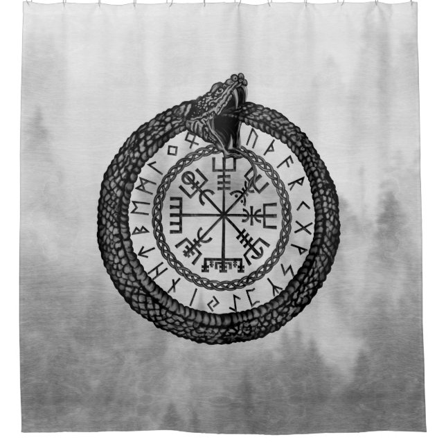 Vegvisir mit Ouroboros und Runen - Grayscale Duschvorhang (Vorderseite)