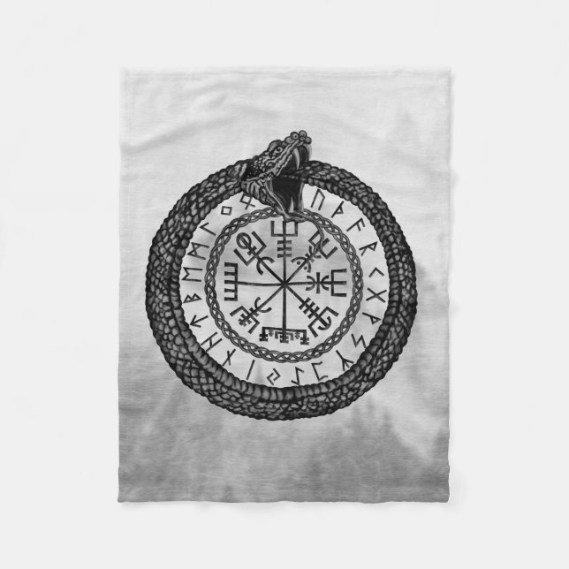 Vegvisir mit Ouroboros und Runen - Grayscale Fleecedecke (Vorderseite)