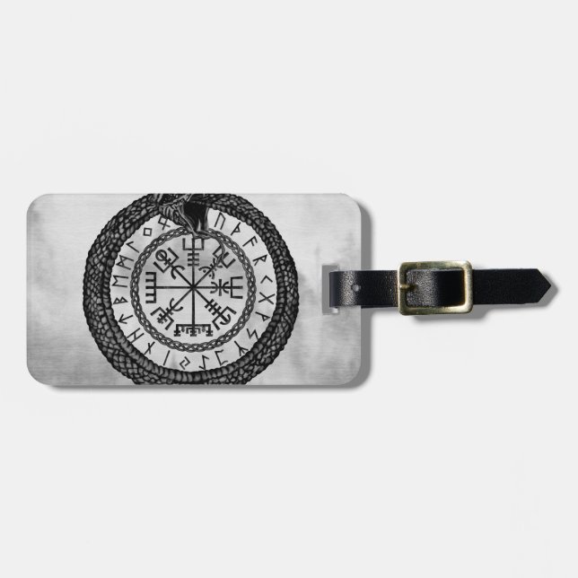 Vegvisir mit Ouroboros und Runen - Grayscale Gepäckanhänger (Vorderseite horizontal)
