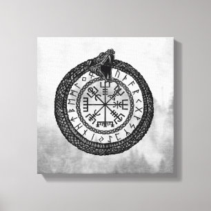 Vegvisir mit Ouroboros und Runen - Grayscale Leinwanddruck