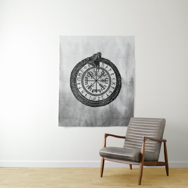 Vegvisir mit Ouroboros und Runen - Grayscale Wandteppich (Beispiel)