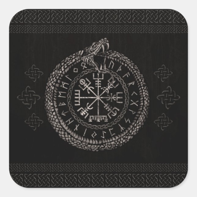 Vegvisir mit Ouroboros und Runen Quadratischer Aufkleber (Vorderseite)