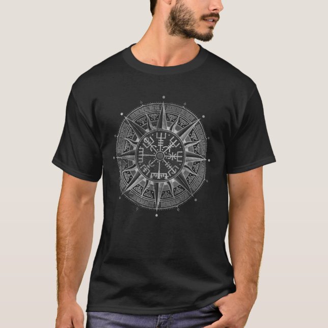 Vegvisir - silbernes und schwarzes Leder T-Shirt (Vorderseite)
