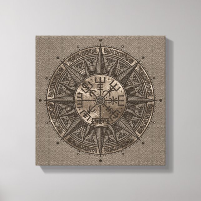 Vegvisir - Viking Compass - Beige Leder und Gold Leinwanddruck (Vorderseite)