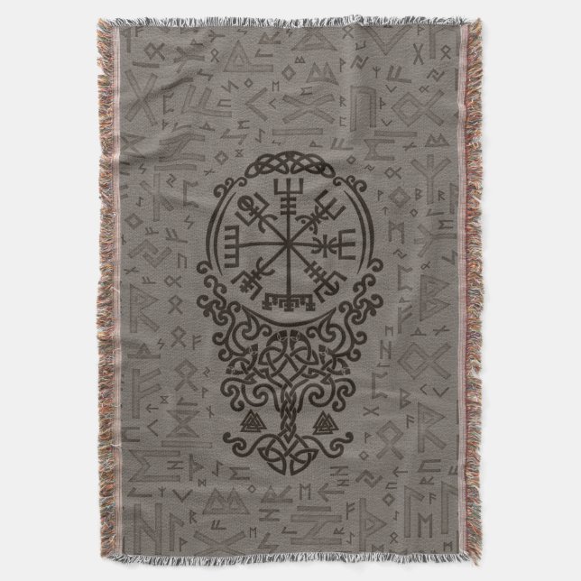 Vegvisir - Viking-Kompass auf Futhark Muster Decke (Vorderseite Vertikal)